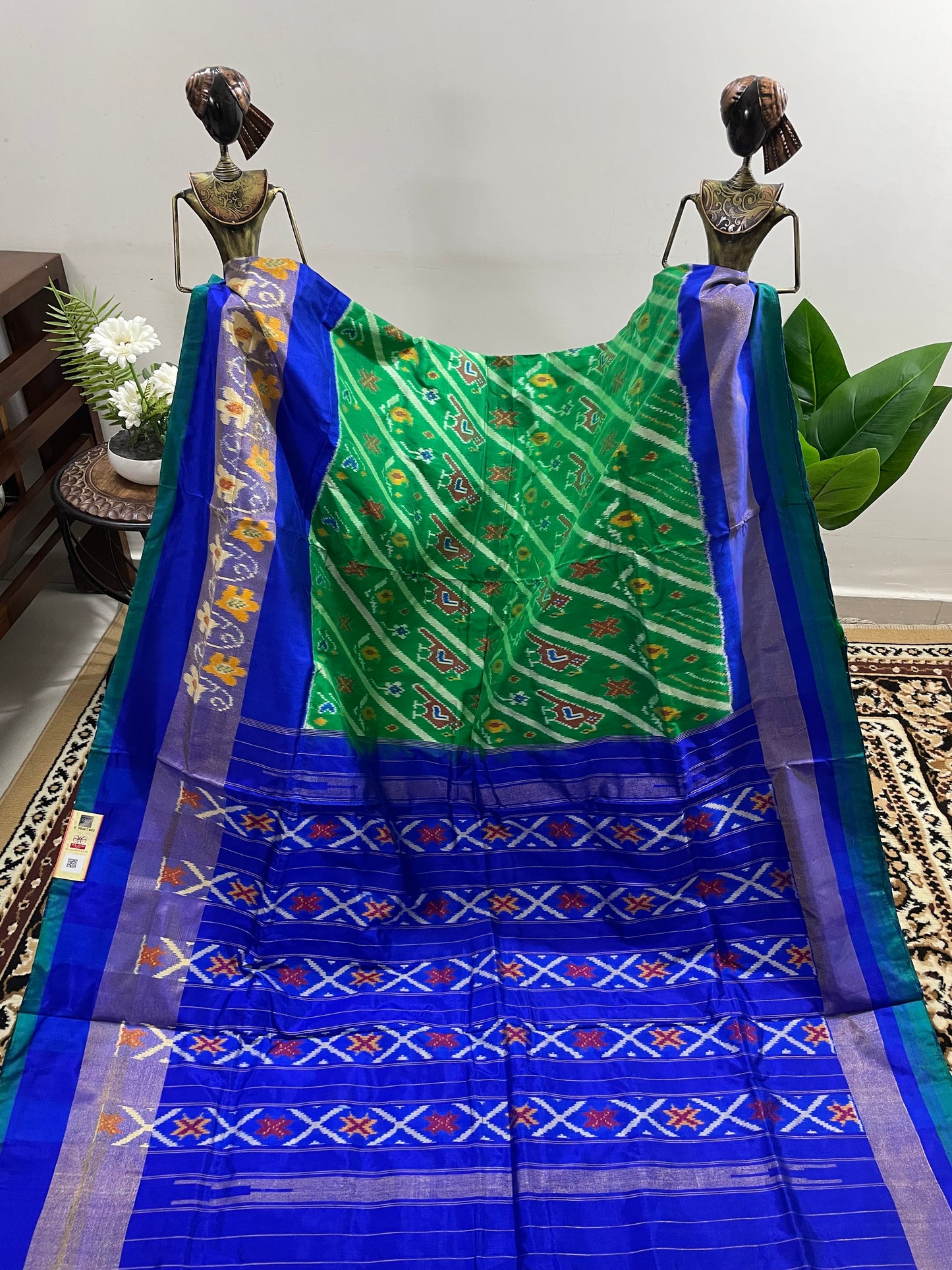 Royal Blue and Lawn Green Pochampally Silk Saree