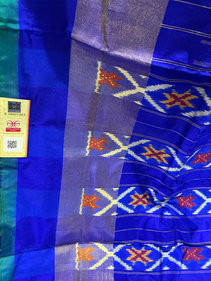 Royal Blue and Lawn Green Pochampally Silk Saree