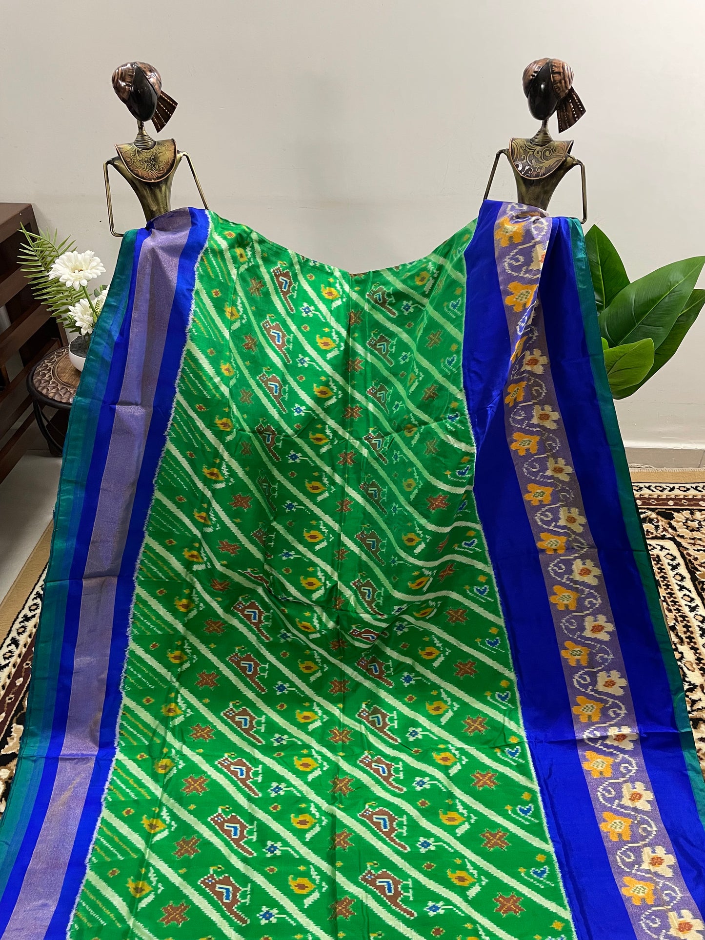 Royal Blue and Lawn Green Pochampally Silk Saree