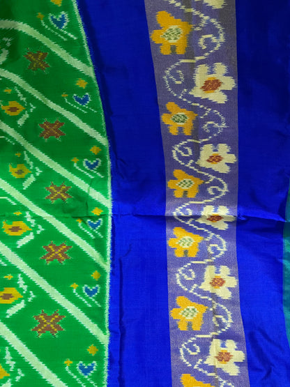 Royal Blue and Lawn Green Pochampally Silk Saree