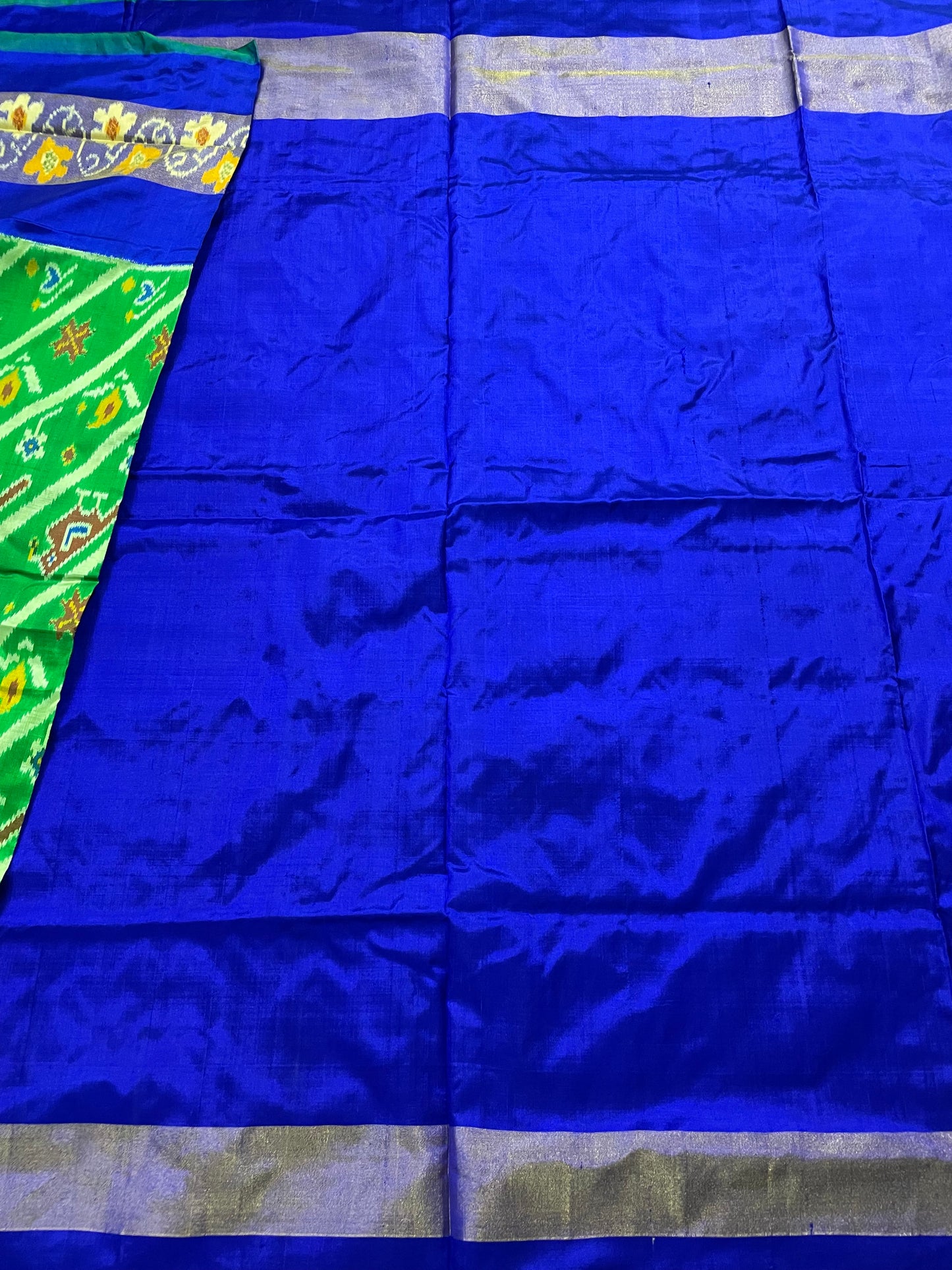 Royal Blue and Lawn Green Pochampally Silk Saree