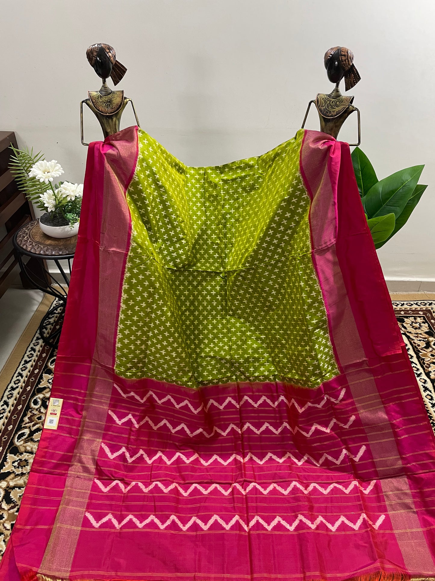 Juniper Green and Rouge Pink Pochampally Silk Saree