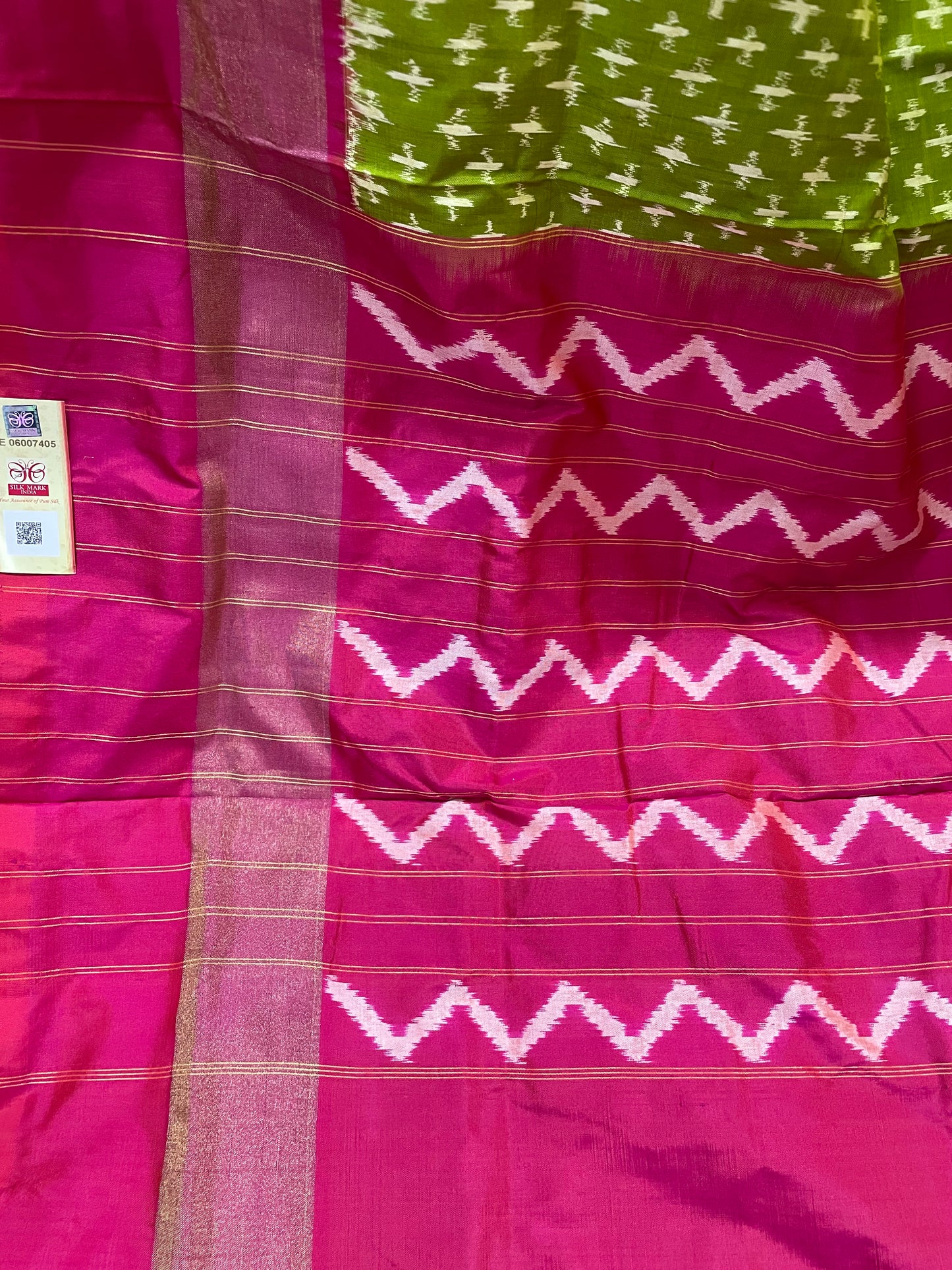 Juniper Green and Rouge Pink Pochampally Silk Saree