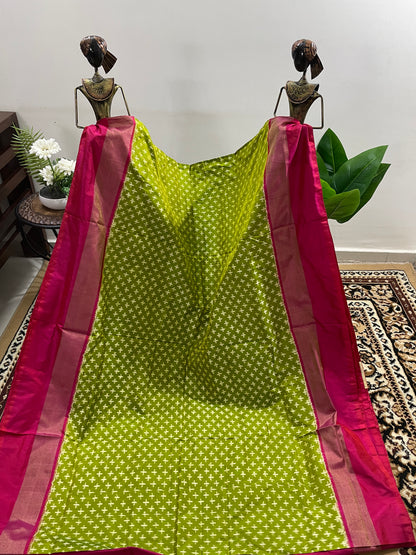 Juniper Green and Rouge Pink Pochampally Silk Saree