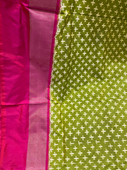 Juniper Green and Rouge Pink Pochampally Silk Saree