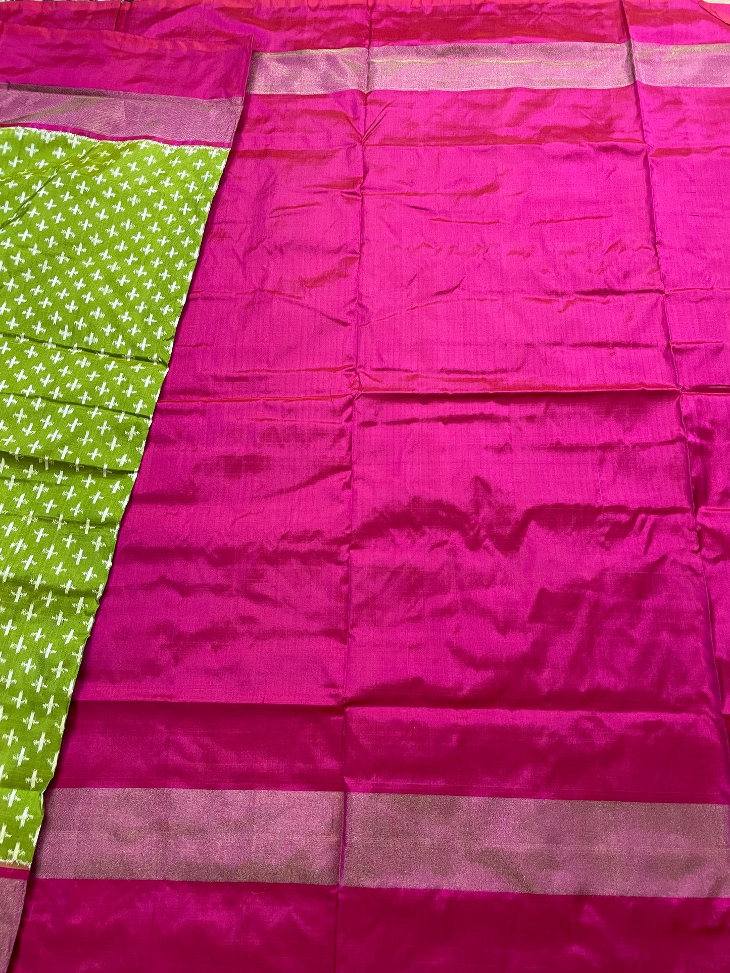 Juniper Green and Rouge Pink Pochampally Silk Saree