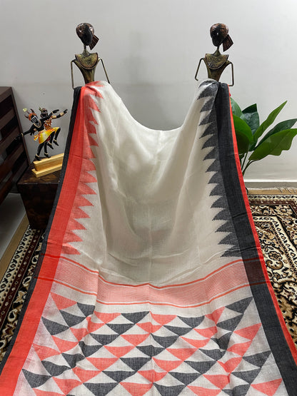 White Jamdani Linen Saree with Orange and Black Ganga Jamuna Borders