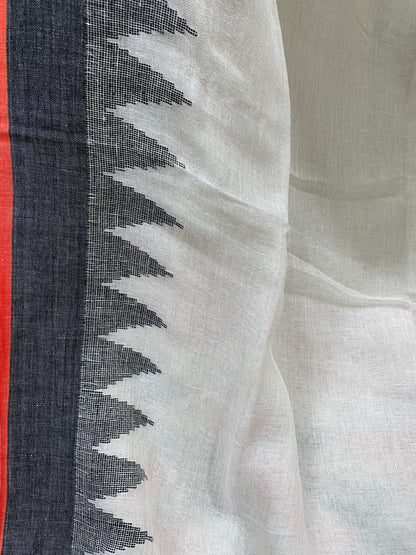 White Jamdani Linen Saree with Orange and Black Ganga Jamuna Borders