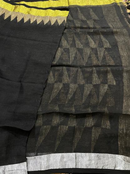 Black Jamdani Linen with Ghicha Temple borders