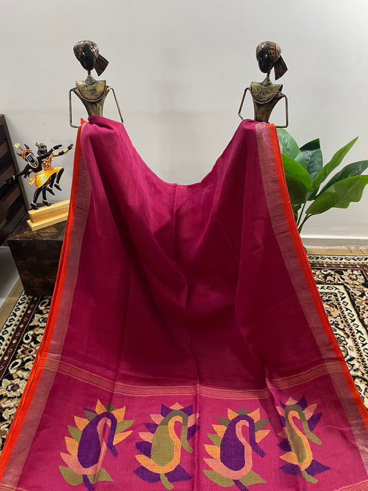 Ruby Pink Jamdani Linen with Paisley Motifs