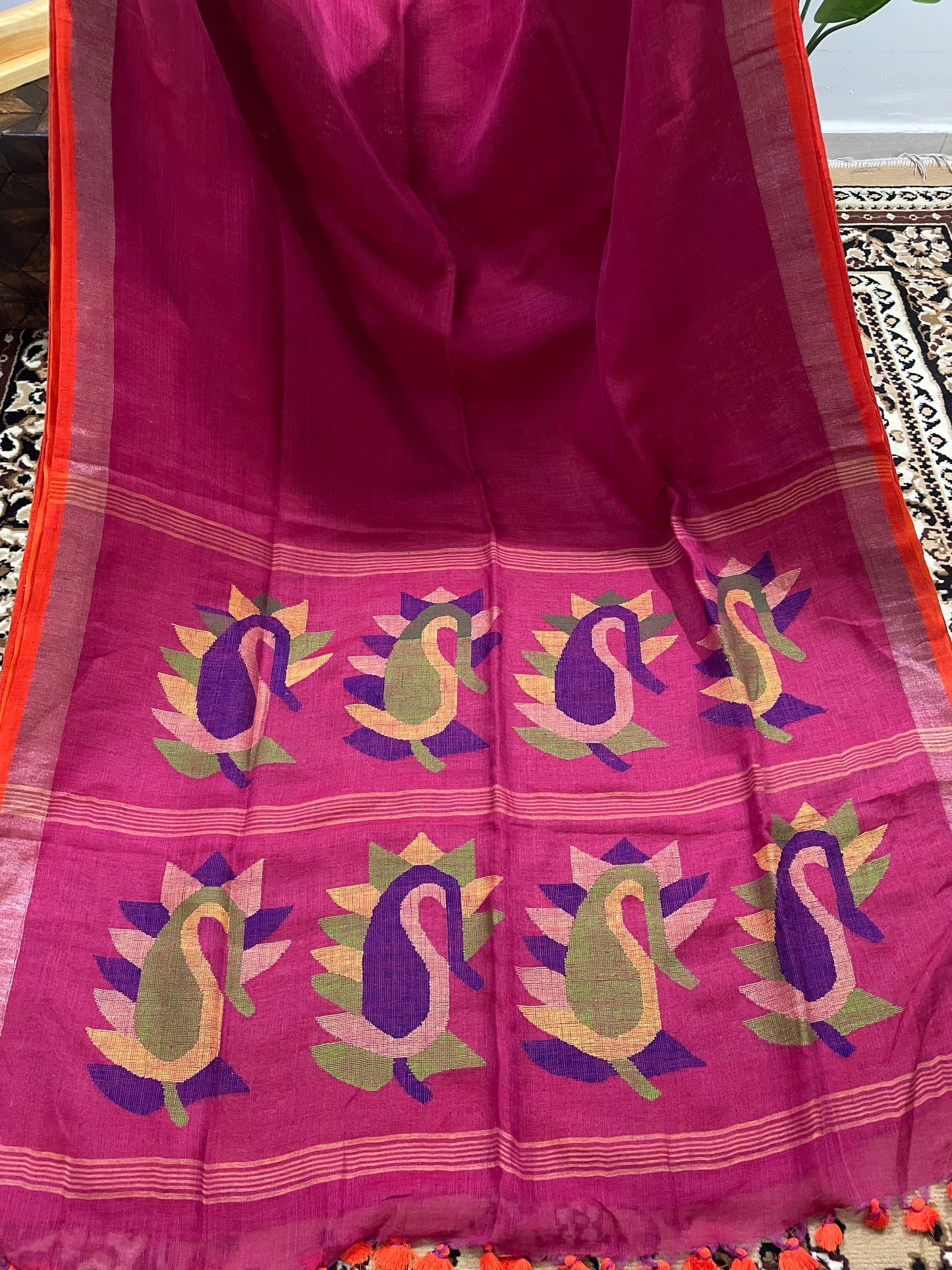 Ruby Pink Jamdani Linen with Paisley Motifs