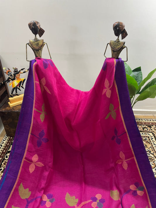 Magenta Floral Jamdani Linen Saree