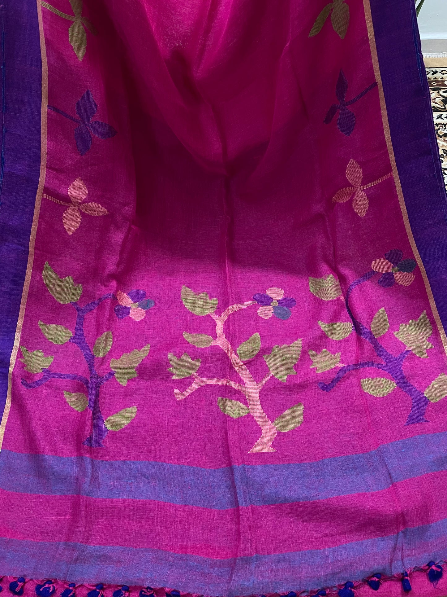 Magenta Floral Jamdani Linen Saree