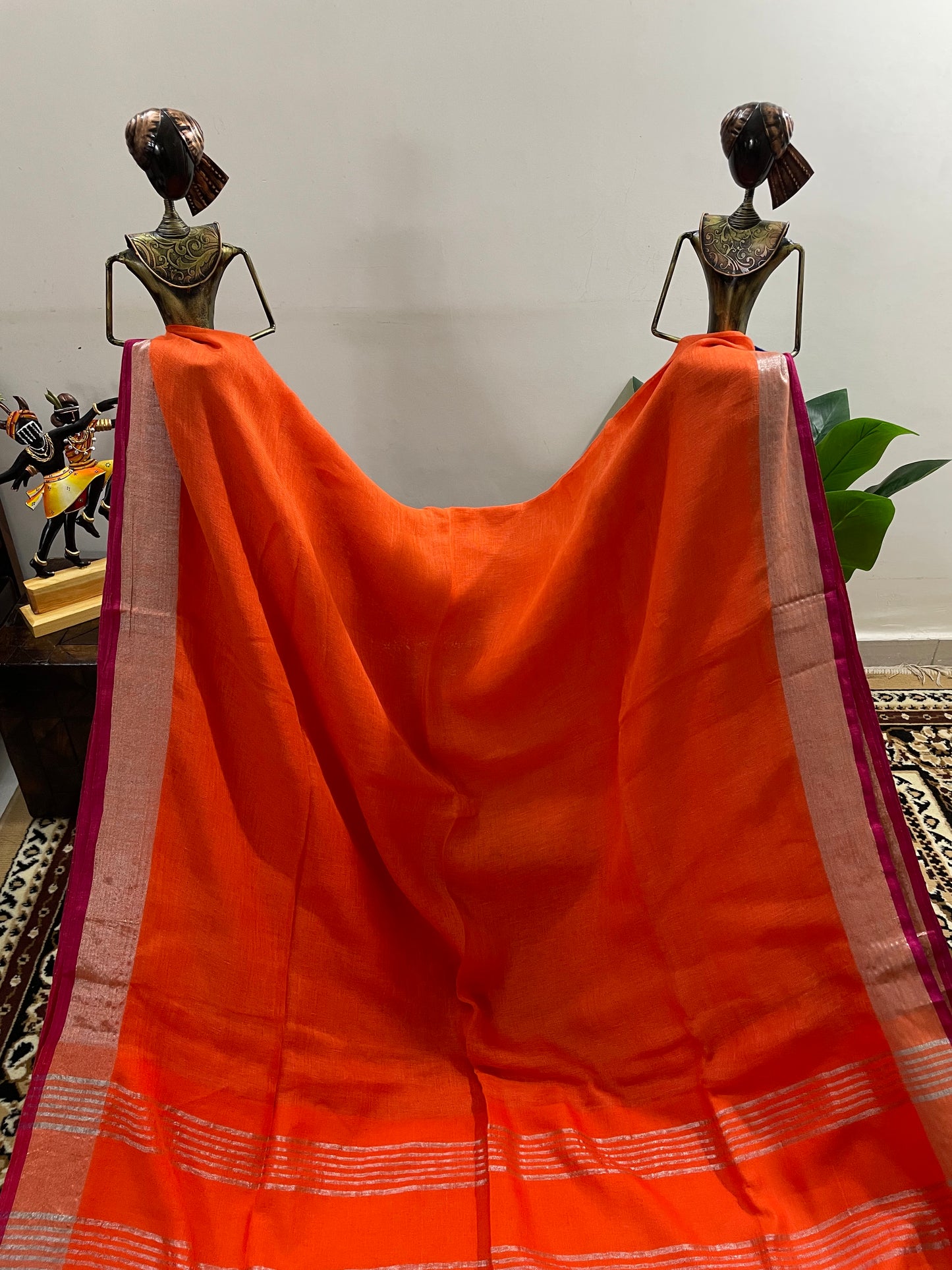 Tangerine Orange Pure Linen Saree