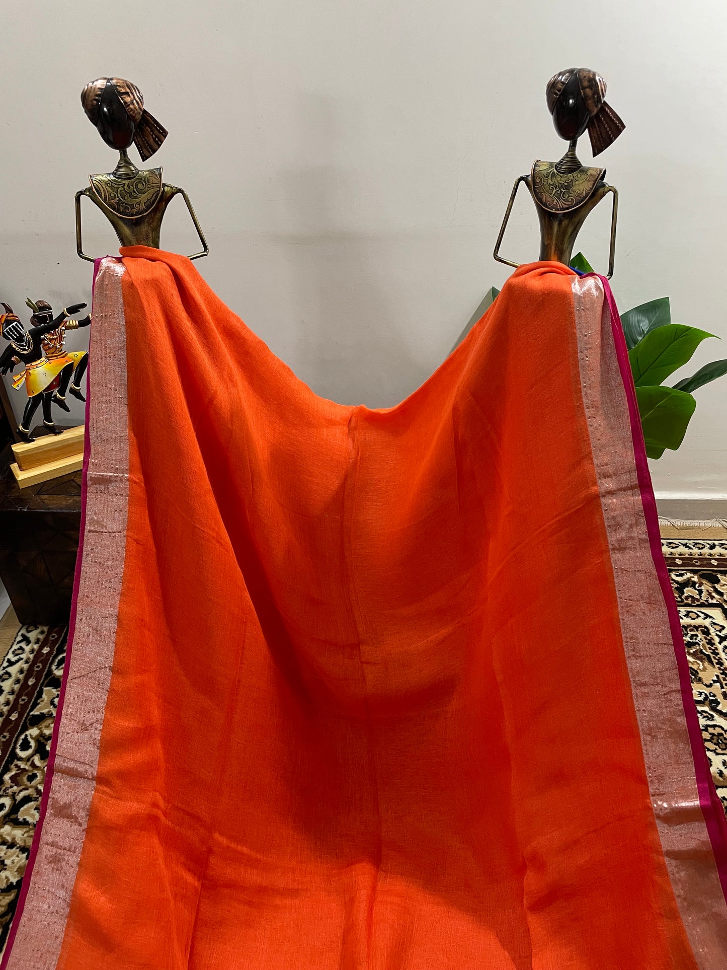 Tangerine Orange Pure Linen Saree