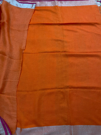 Tangerine Orange Pure Linen Saree