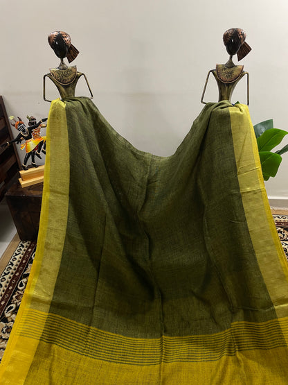 Olive Green with Yellow Pure Linen Saree