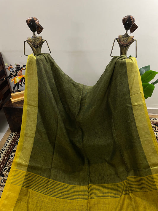 Olive Green with Yellow Pure Linen Saree