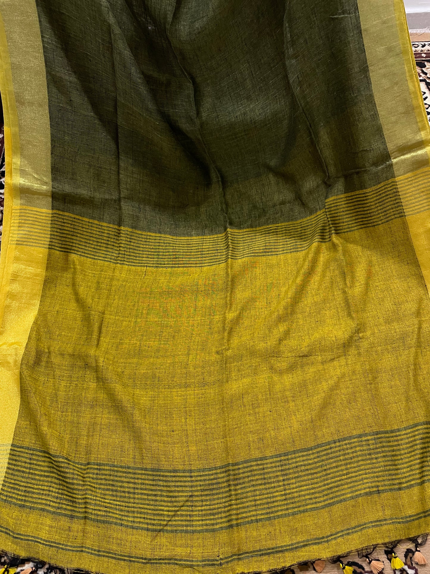 Olive Green with Yellow Pure Linen Saree