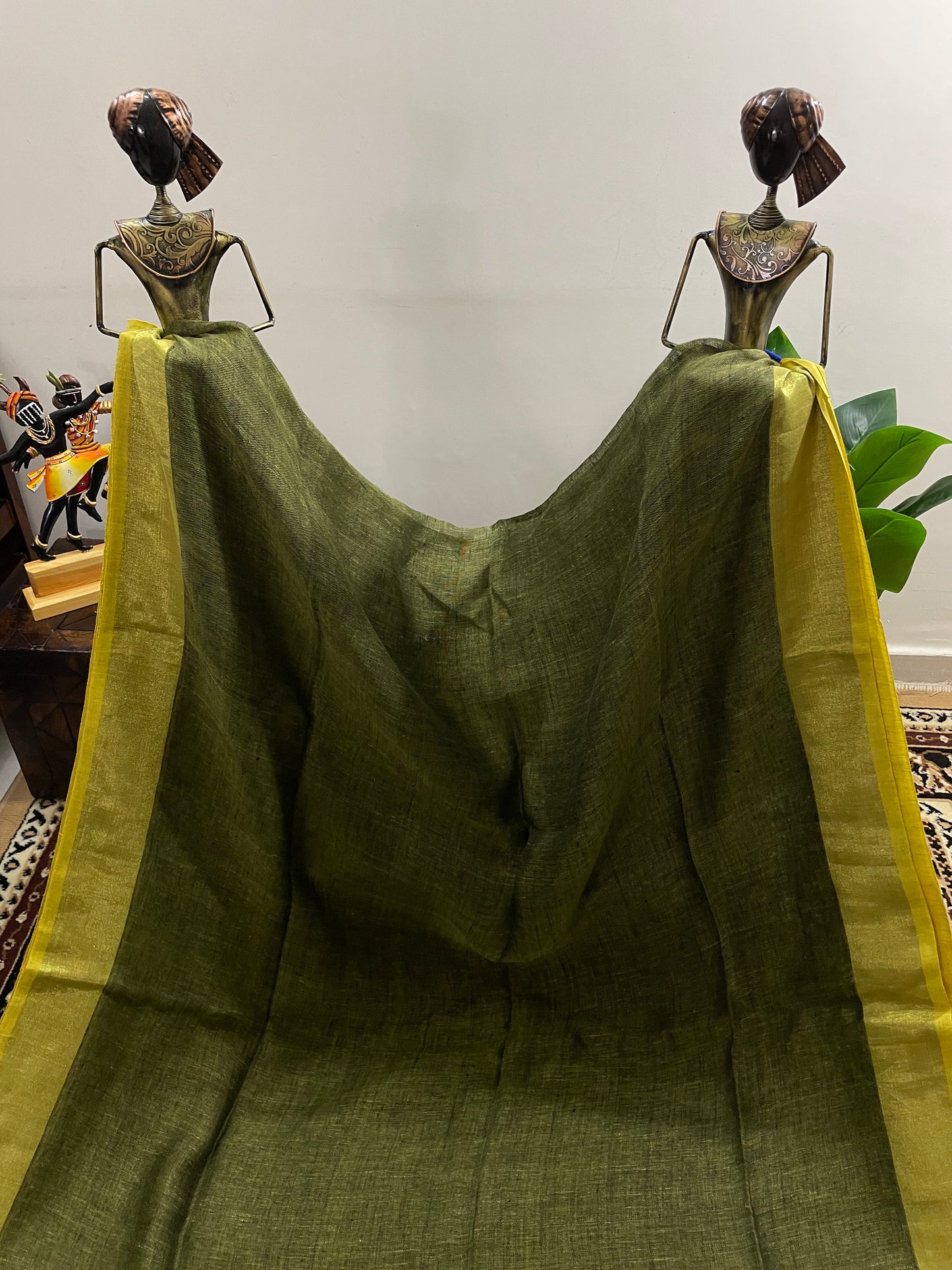 Olive Green with Yellow Pure Linen Saree