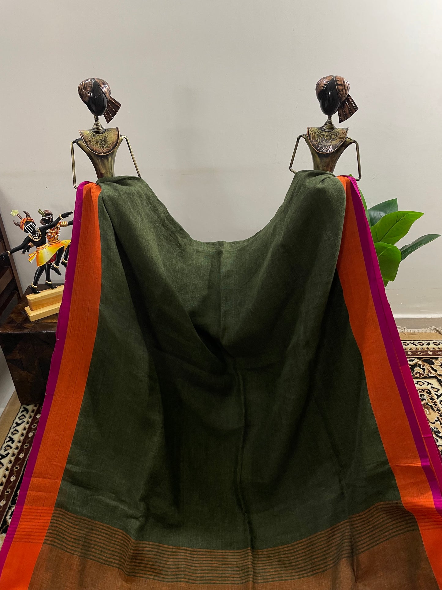 Pine Green Pure Linen Saree with Piping Borders