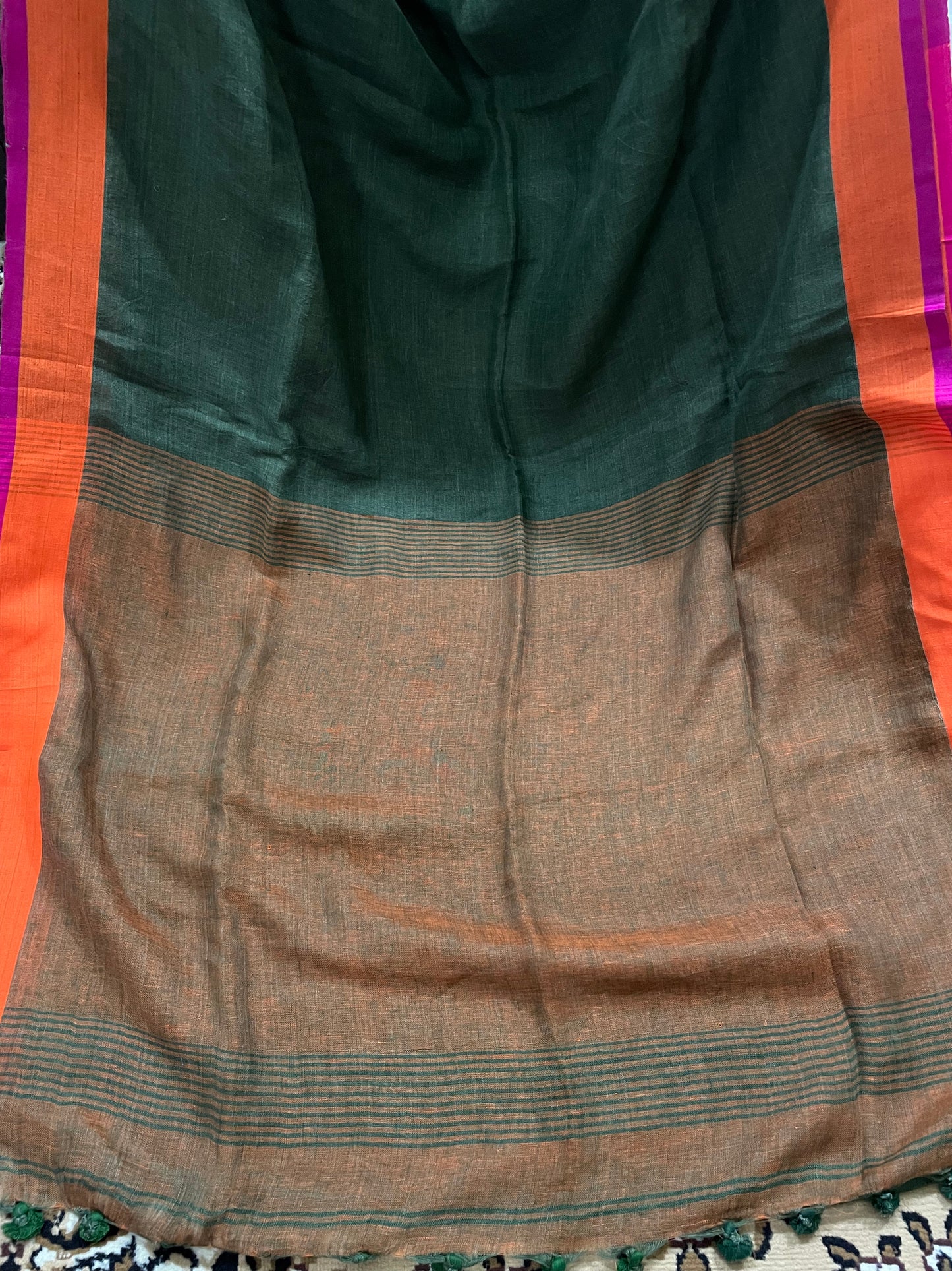 Pine Green Pure Linen Saree with Piping Borders