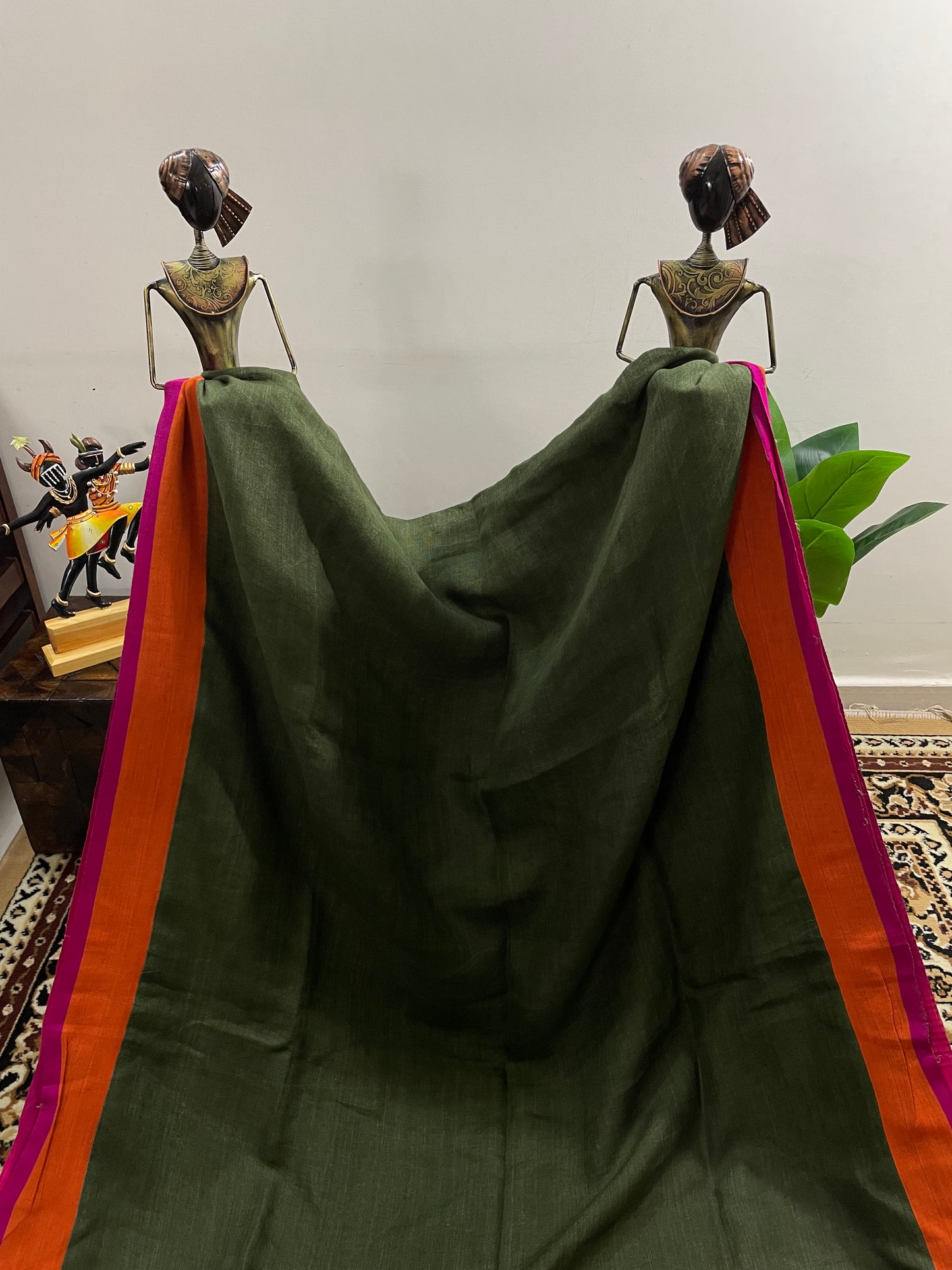 Pine Green Pure Linen Saree with Piping Borders