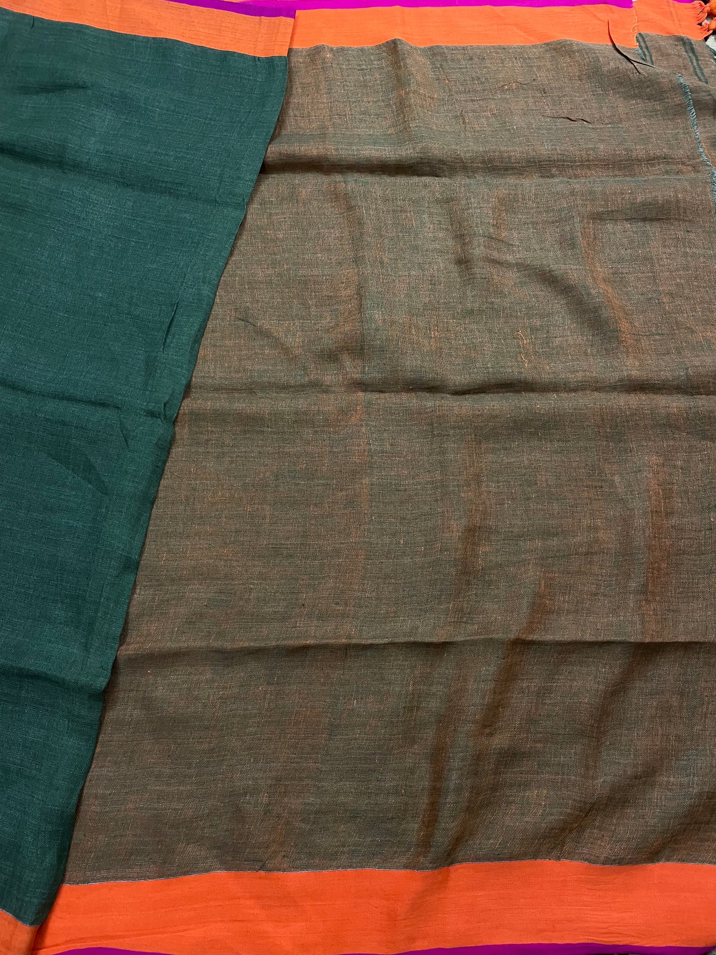 Pine Green Pure Linen Saree with Piping Borders