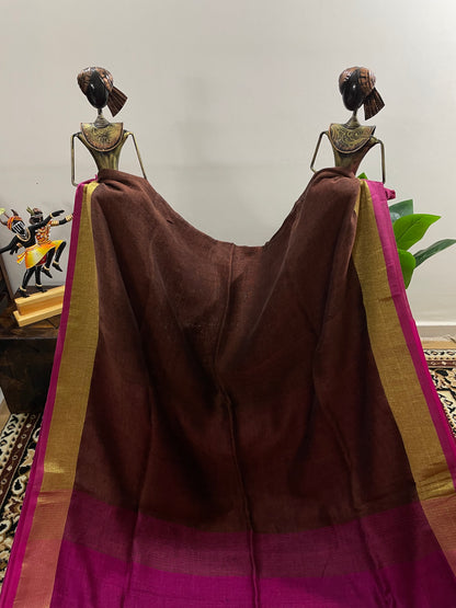 Coffee Brown with Pink Borders Pure Linen Saree