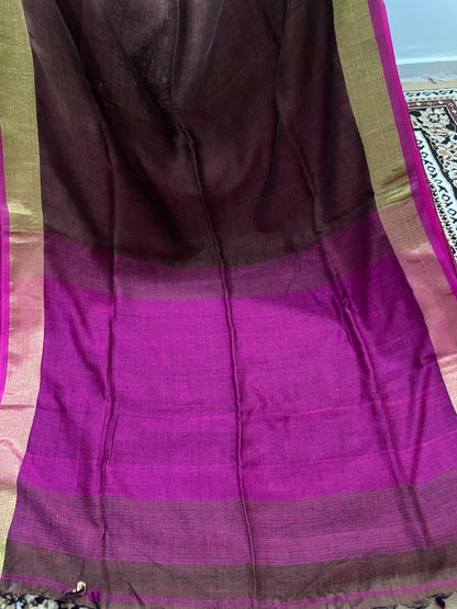 Coffee Brown with Pink Borders Pure Linen Saree