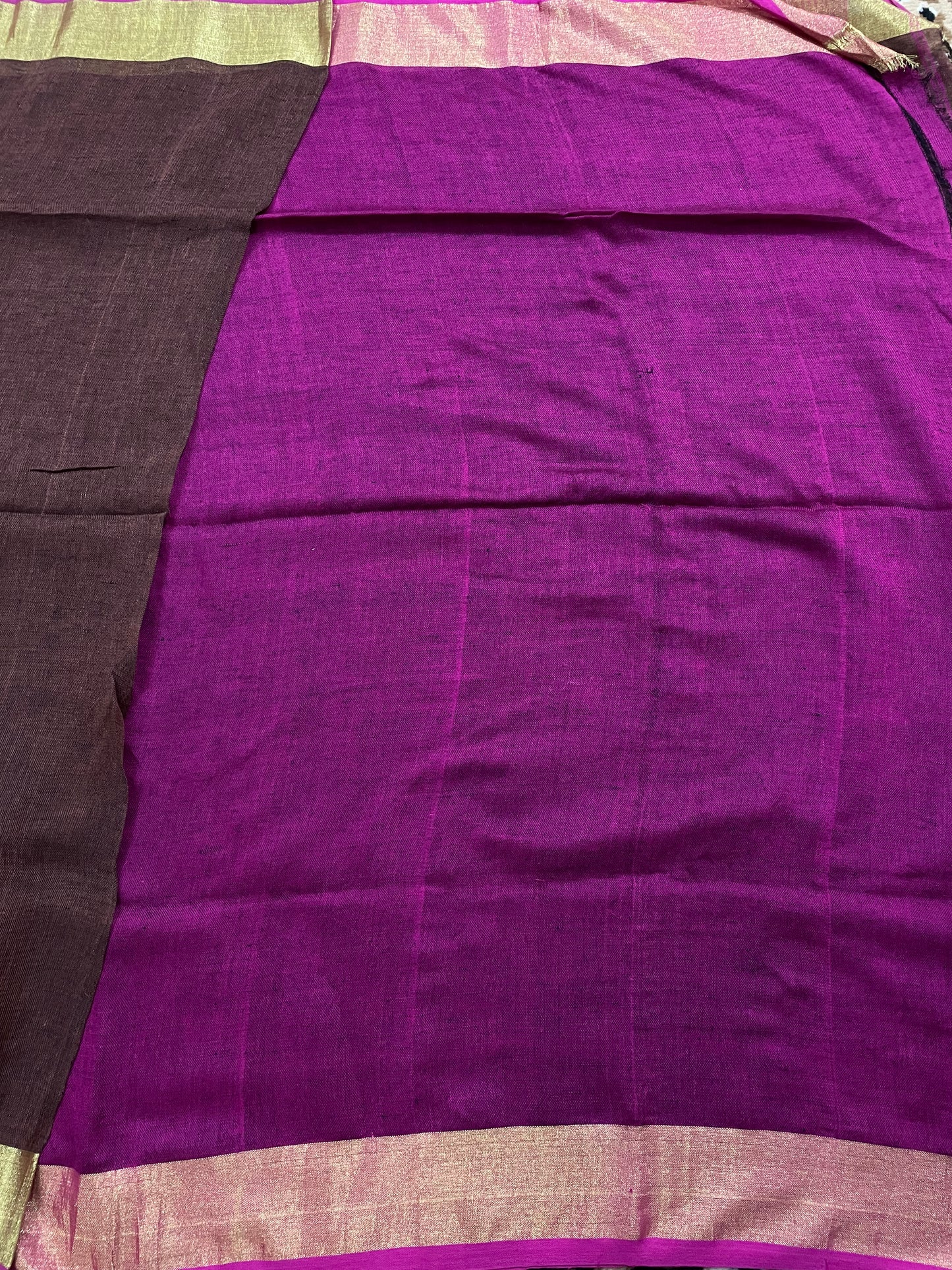 Coffee Brown with Pink Borders Pure Linen Saree