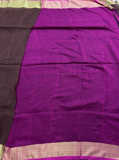 Coffee Brown with Pink Borders Pure Linen Saree