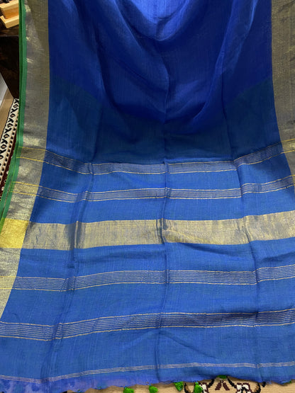 Sapphire Blue with Green Pure Linen Saree