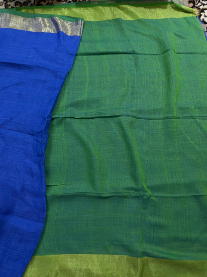 Sapphire Blue with Green Pure Linen Saree