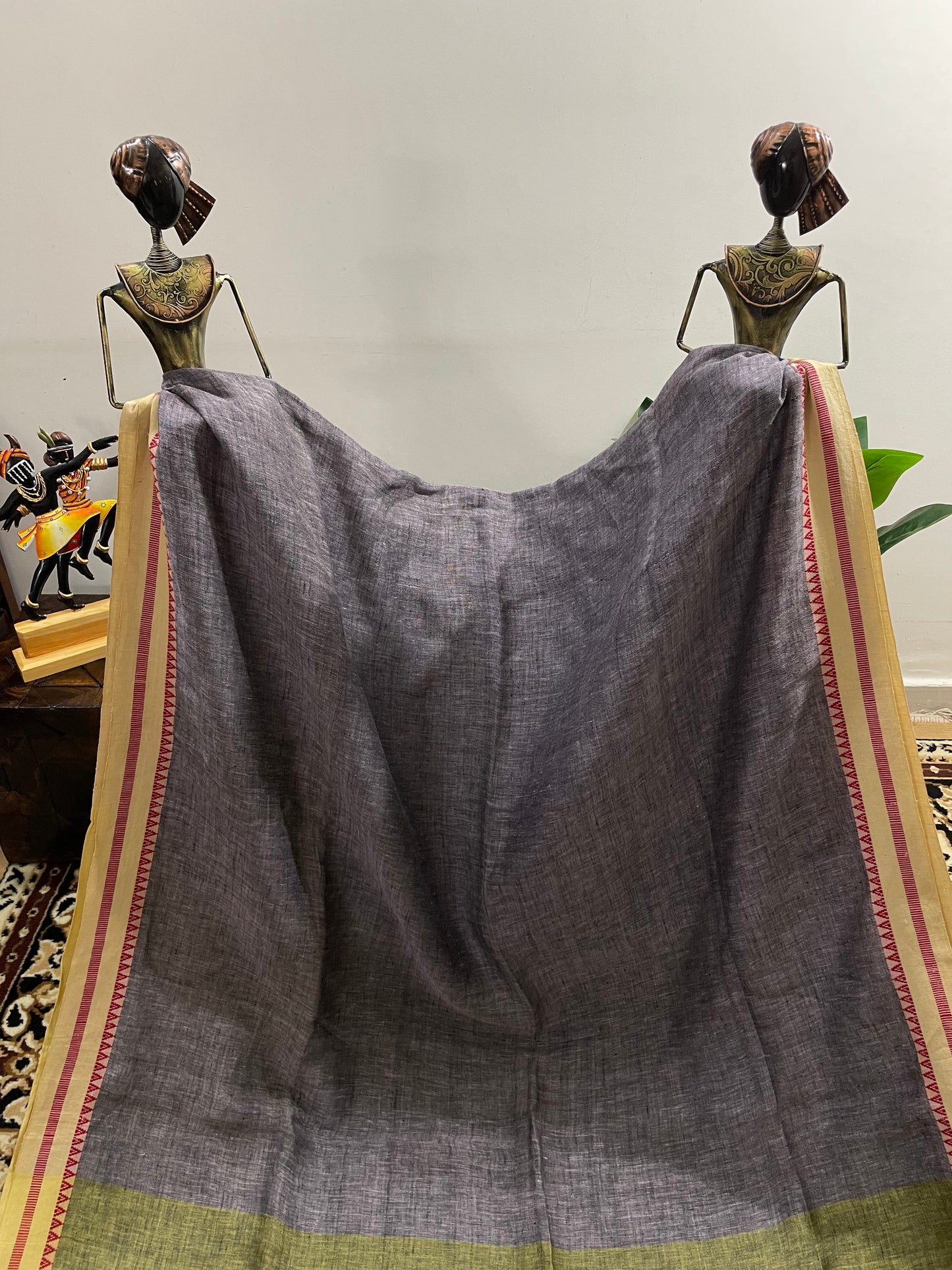 Light Porpoise Grey Pure Linen  Saree with Woven Thread Borders