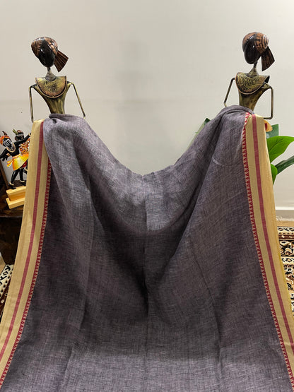 Light Porpoise Grey Pure Linen  Saree with Woven Thread Borders