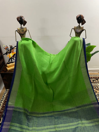 Parrot Green Pure Linen Saree with Royal Blue Border