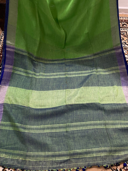 Parrot Green Pure Linen Saree with Royal Blue Border