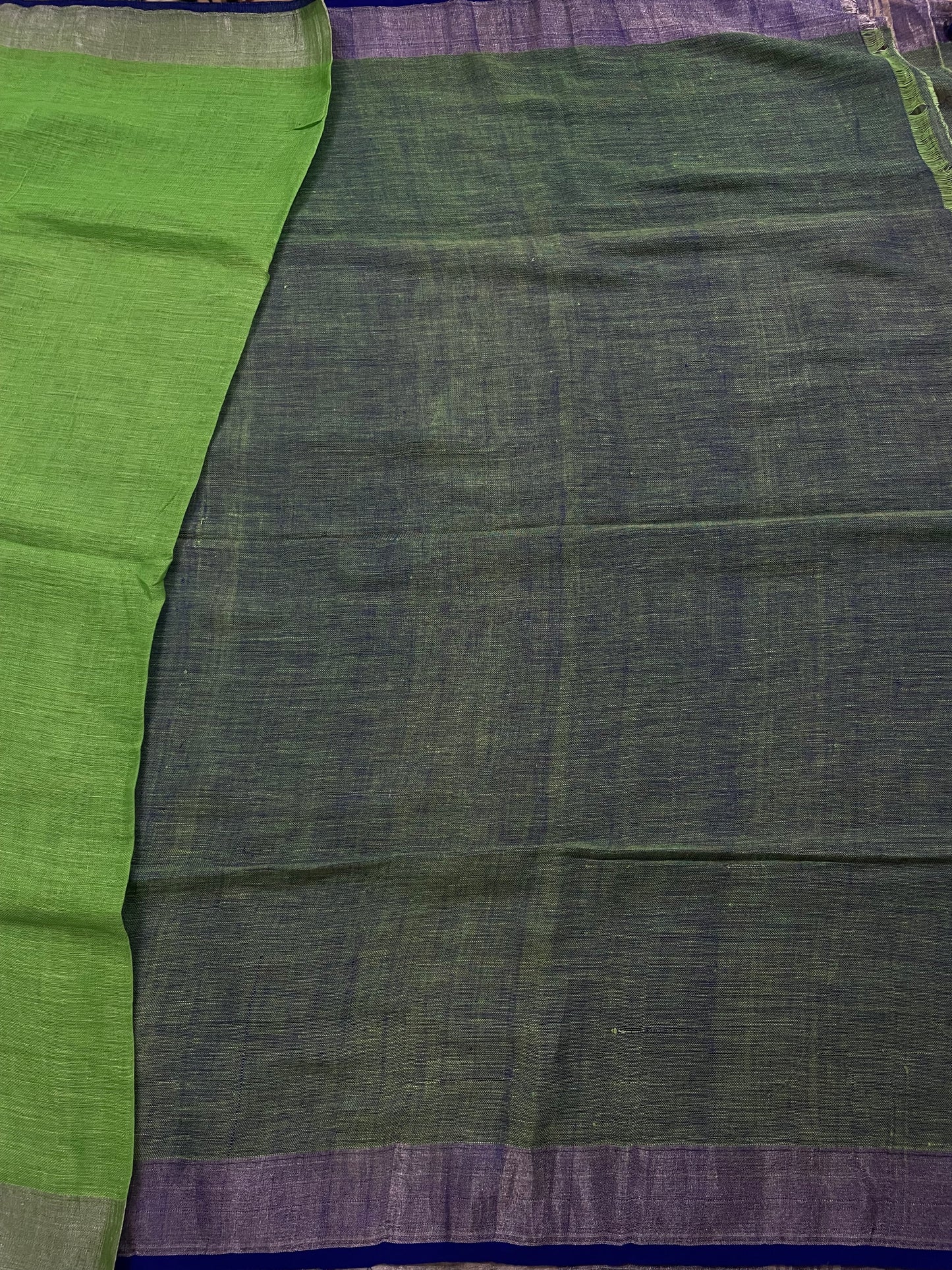 Parrot Green Pure Linen Saree with Royal Blue Border