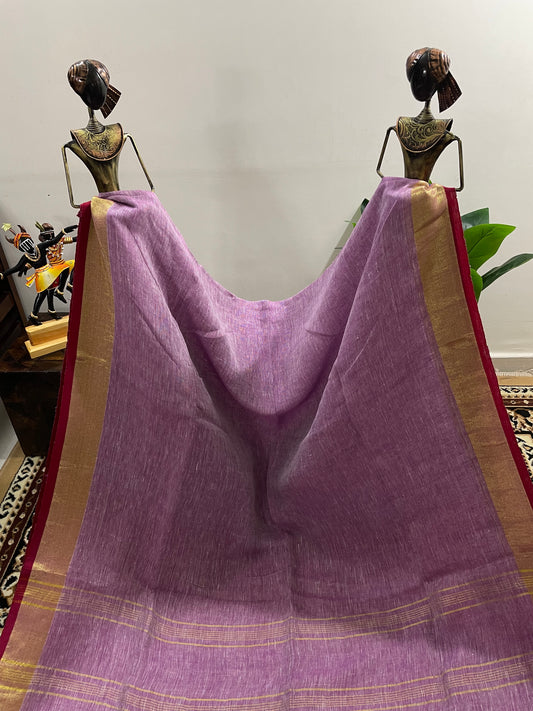 Lavender with Red Piping Border Pure Linen Saree