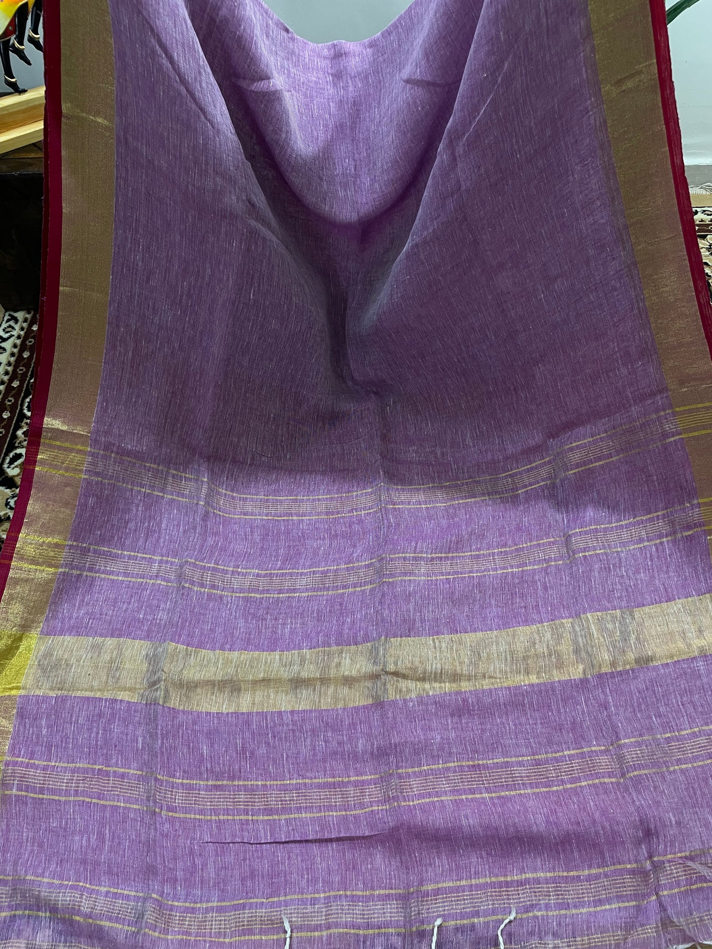 Lavender with Red Piping Border Pure Linen Saree