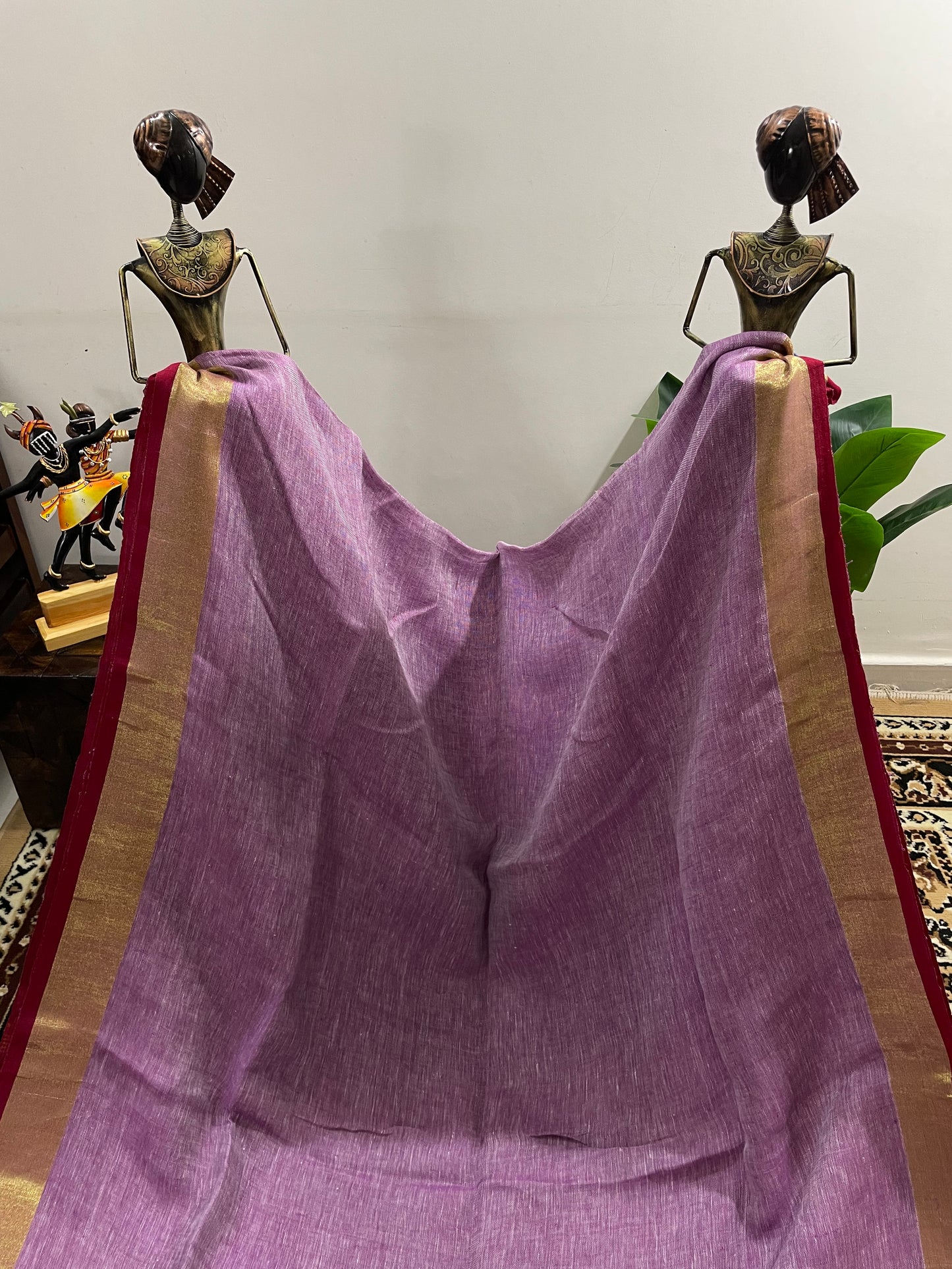 Lavender with Red Piping Border Pure Linen Saree