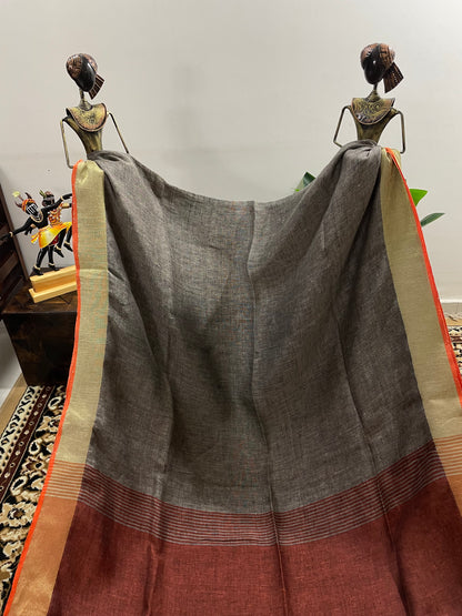 Smoke Grey Pure Linen Saree with Orange Piping Border