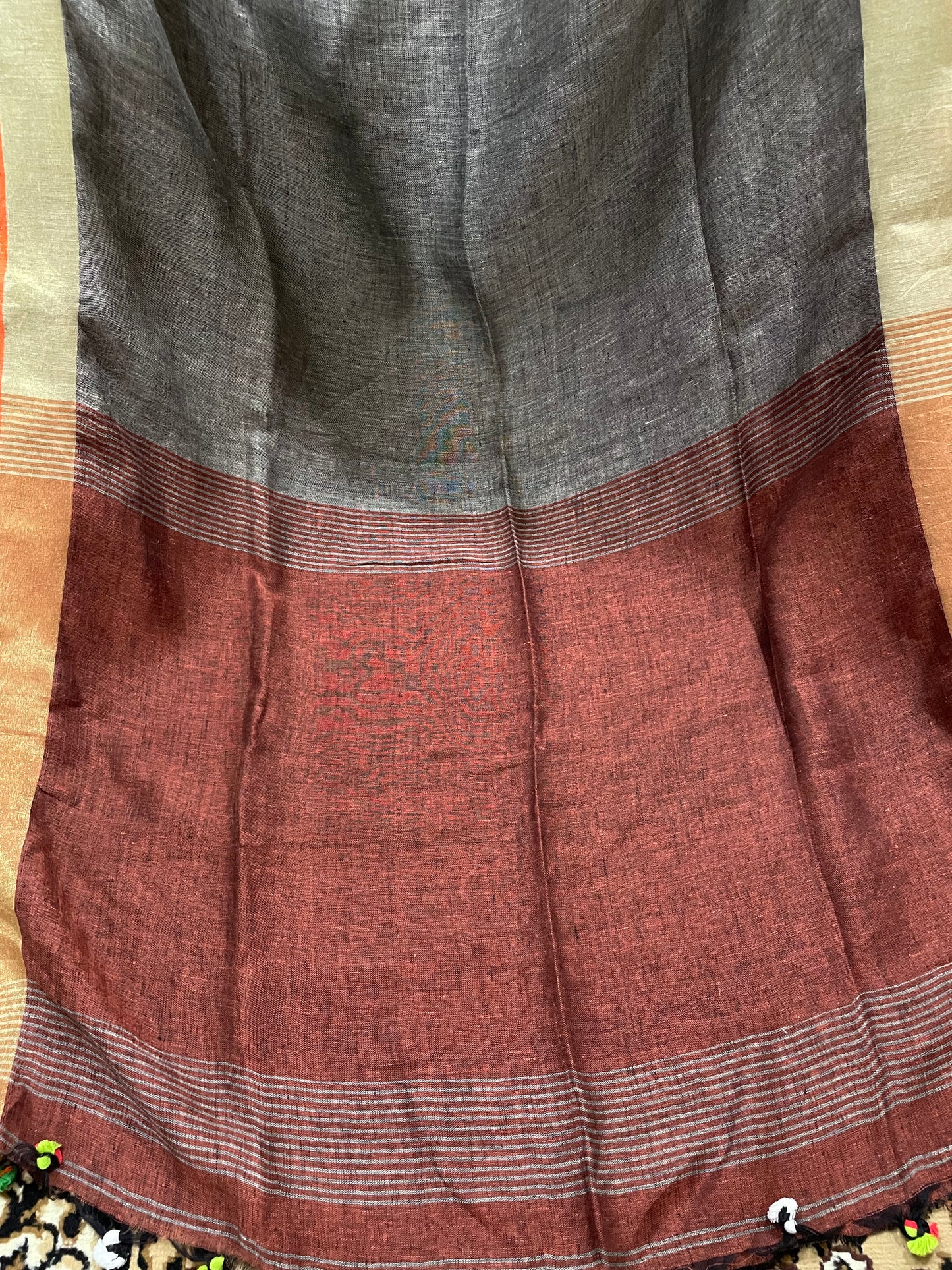 Smoke Grey Pure Linen Saree with Orange Piping Border