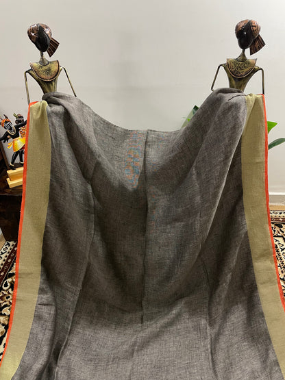 Smoke Grey Pure Linen Saree with Orange Piping Border