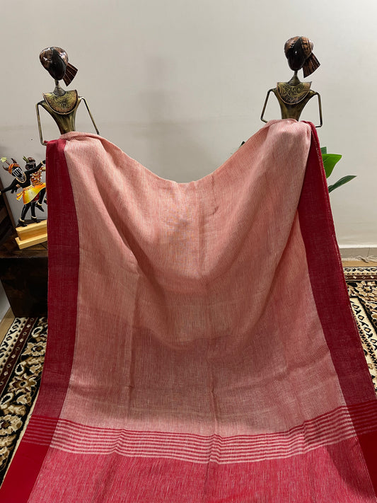 Off-white and Red Pure Linen Saree with Plain Borders