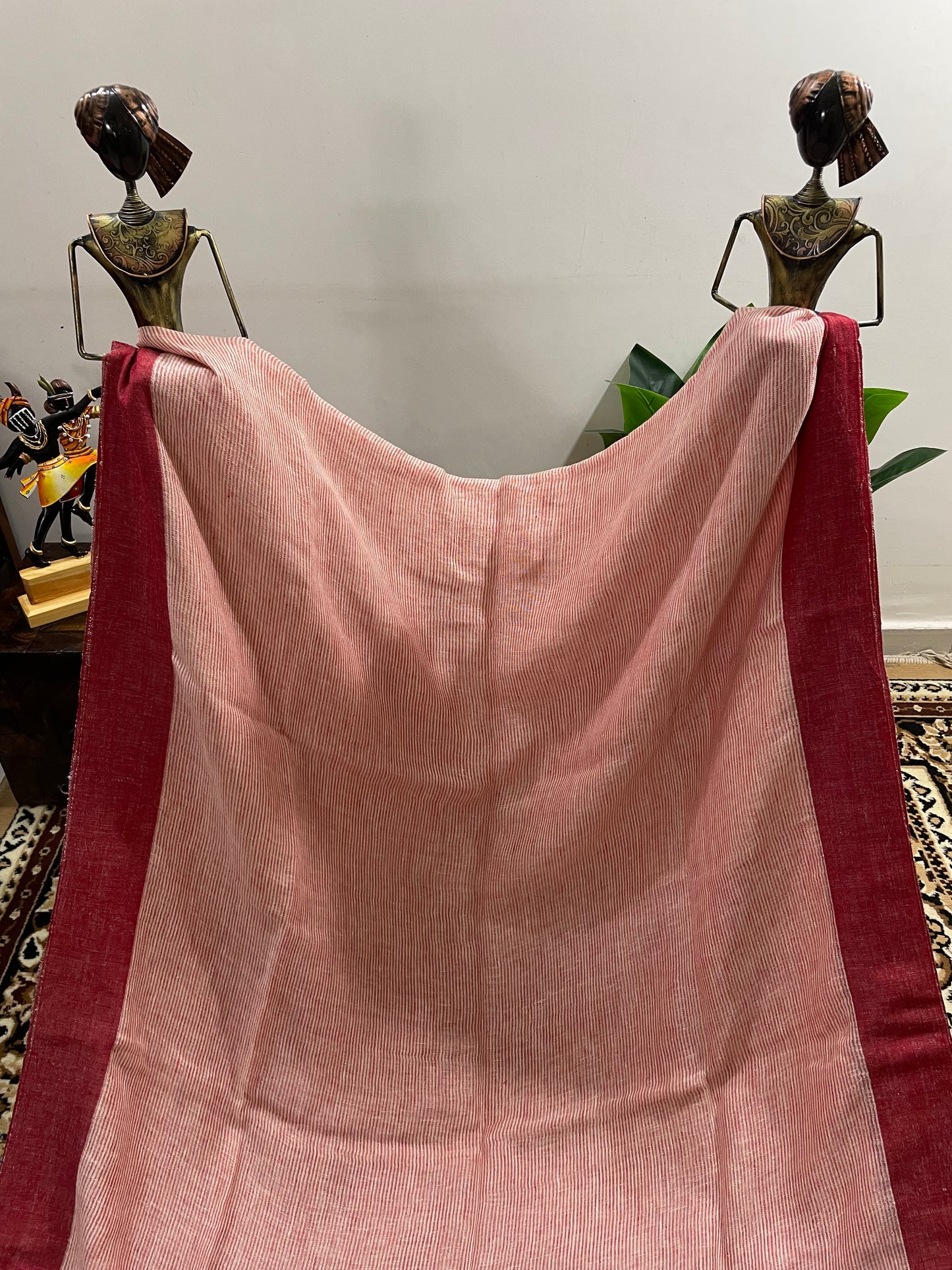 Off-white and Red Pure Linen Saree with Plain Borders