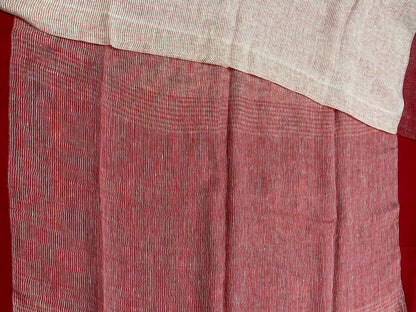 Off-white and Red Pure Linen Saree with Plain Borders