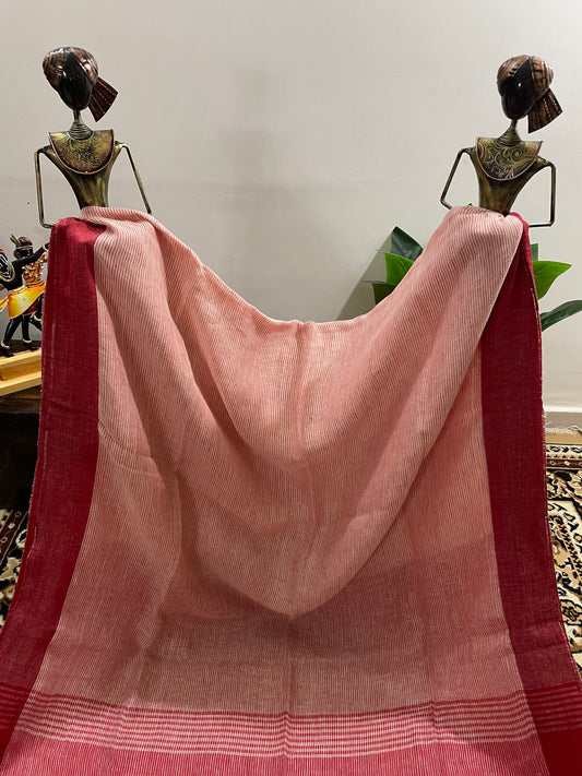 Off-white and Pinkish Red Pure Linen Saree