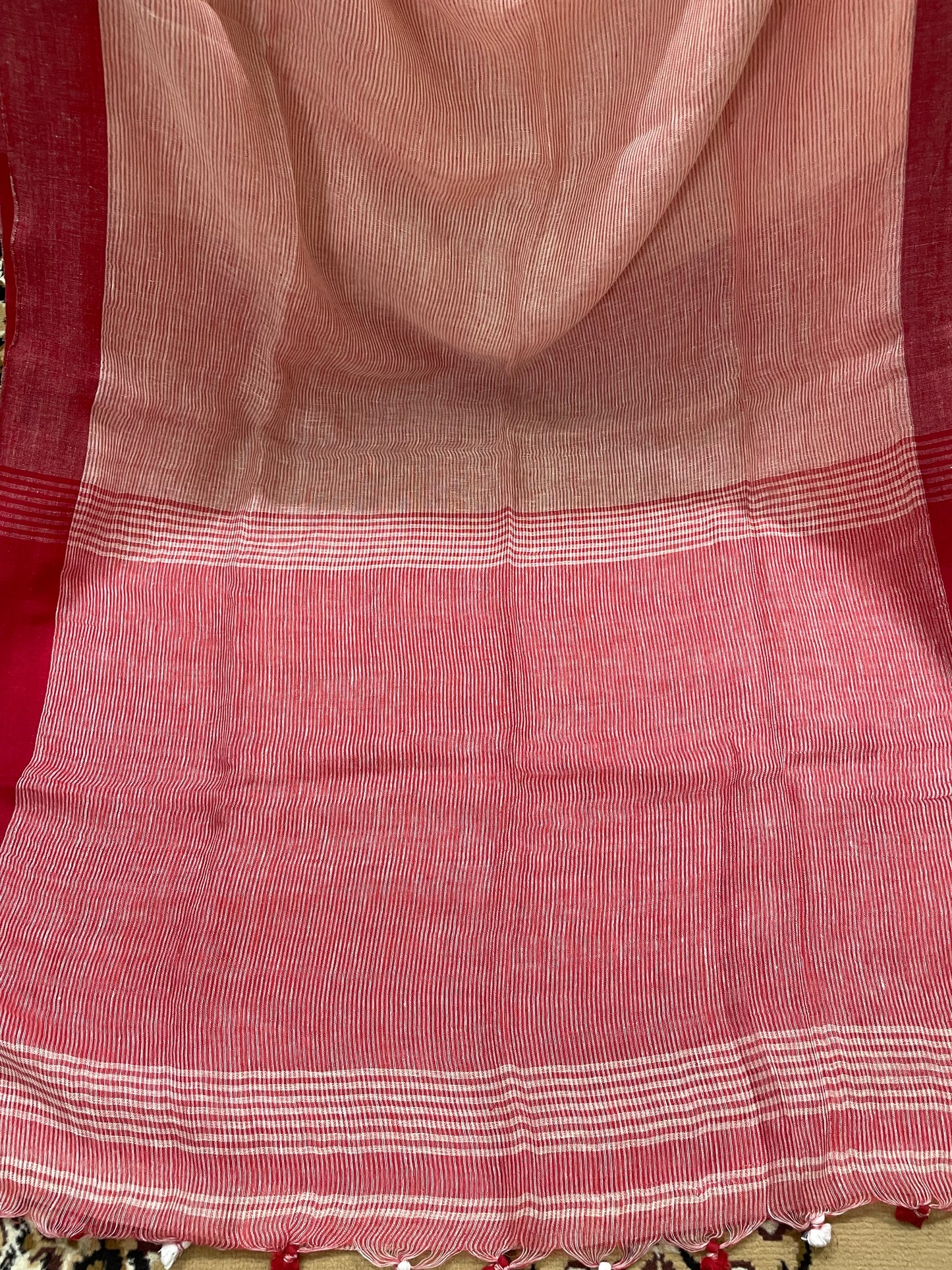 Off-white and Pinkish Red Pure Linen Saree